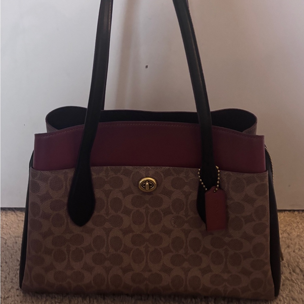 Coach Signature Canvas Tote Bag - Brown and Burgundy